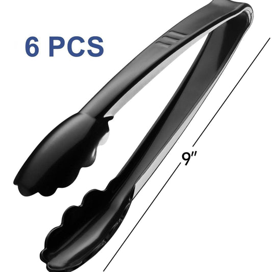 Plastic Tongs for Serving (Pack of 6) 9 Inch - Heavy-Duty Hard Plastic Reusable or Disposable Serving Tongs for Catering, Dinner Parties, Banquets, Buffets, Events, Weddings and Everyday Use, Black