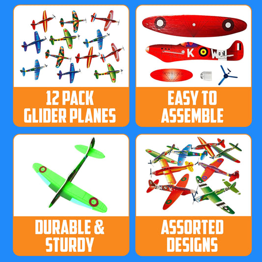 Bedwina Glider Planes Bulk 12-Pack 8-Inch Bomber Airplane Gliders for Kids, Foam Paper Airplane Kit For Birthday, Goodie Bag Stuffers Party Favors For Kids Great Paper Airplanes For Outdoor Flying Toy
