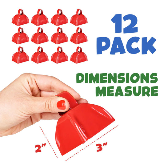 Metal Cowbell - 12 Pack, 3 Inch Red Cow Bells for Sporting Events, Cheering, Spirit, Loud Cow Bell Ideal Hand Percussion Cowbells Noise Makers for Sporting Events, Football Games, and Celebrations