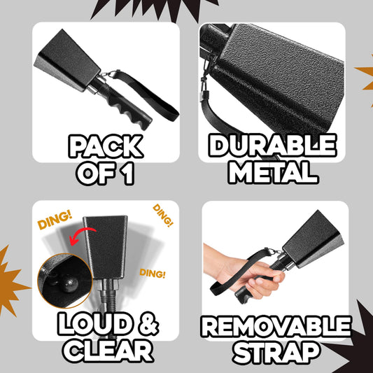 Steel Cow Bell Loud Cheering Noise Makers for Sporting Events, Cowbell with Handle For Football Games, School Spirit, Rallies & Celebrations - Large Cow Bells Black Matel Percussion Music Instrument