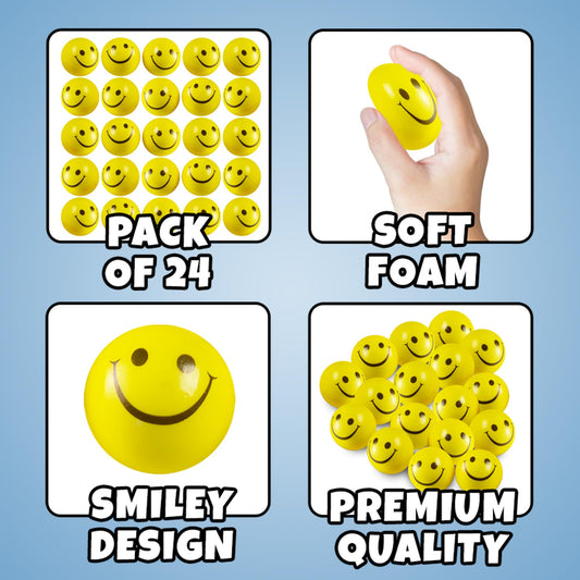 Smile Face Squeeze Balls (24 Pcs Bulk) for Kids and Adults, 2 Inch Mini Yellow Fun Happy Face Stress Anxiety Relief Balls, Hand Therapy Sensory Fidget Toy, Classrooms, Game Prize, Party Favor Gift