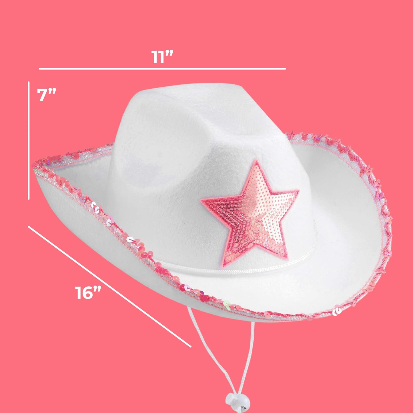 Bedwina White Cowgirl Hat - (pack Of 2) Adult Size Pink Star Cowboy Hats For Women With Sequin Trim Fringe, Adjustable Neck Drawstring For Costume Party, Play Dress-up