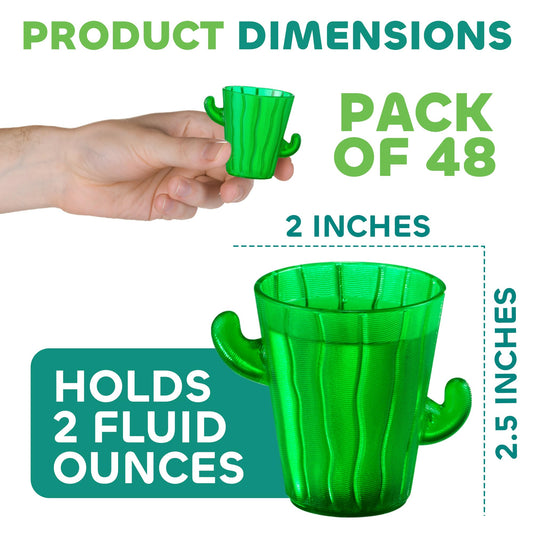 Cactus Plastic Shot Glasses - (Pack of 48) 2-Oz Shot Glasses Funny Cute Novelty Set for Bachelorette, Western, Cinco de Mayo, Tequila, Fiesta Themed Party Supplies, BPA-Free, Dishwasher-Safe, Green