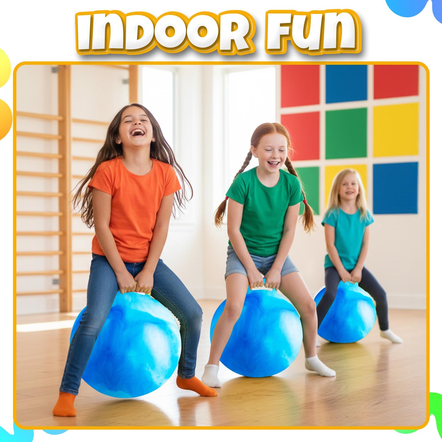 Bedwina Hopper Ball with Handle for Kids 22-inch (55cm) Bouncy Balls for Kids, Jumping Kangaroo Hippity Hop, Hopping Sit and Spin with Handle with Hand Pump, Marble Blue & White