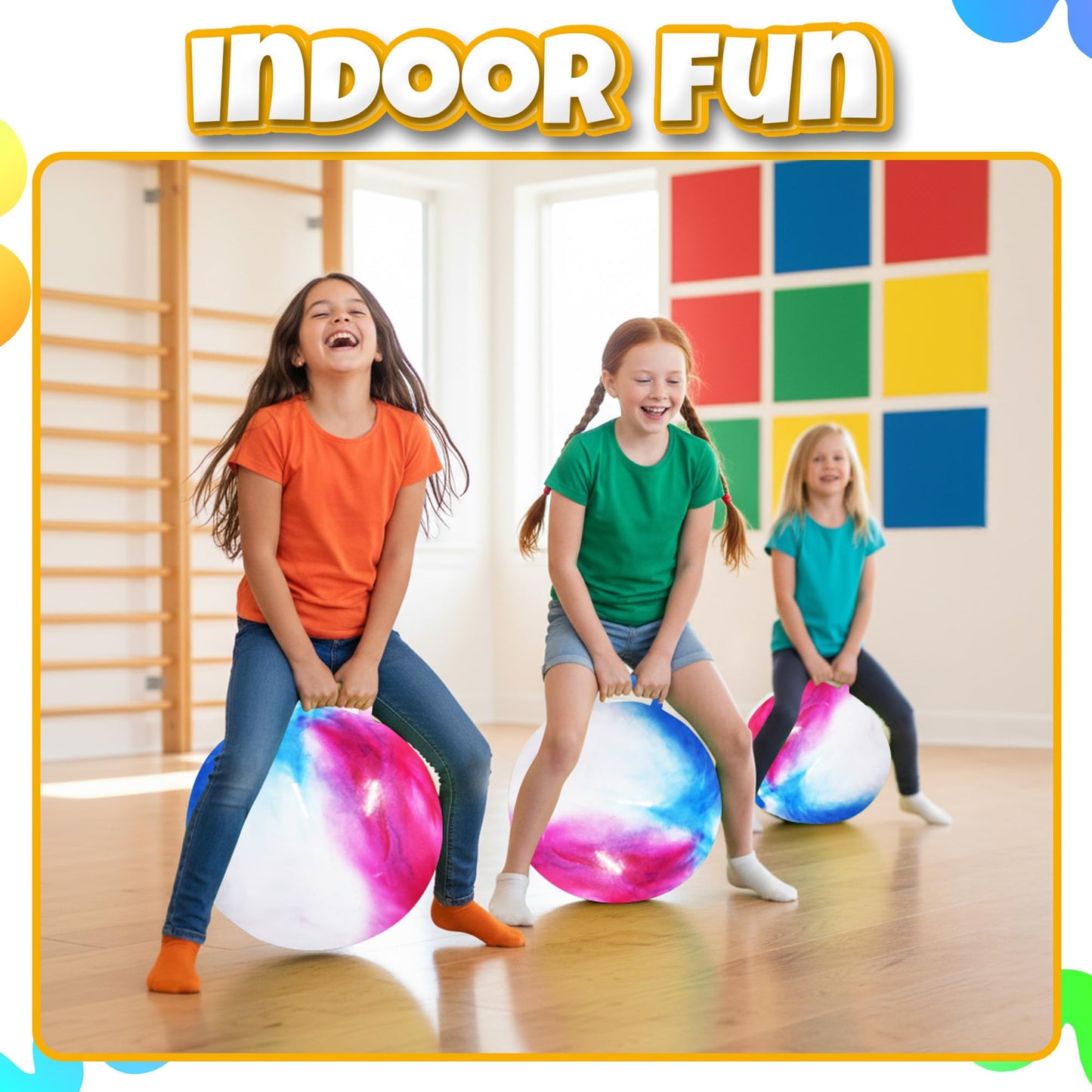 Bedwina Hopper Ball with Handle for Kids 22-inch (55cm) Bouncy Balls for Kids, Jumping Kangaroo Hippity Hop, Hopping Sit and Spin with Handle with Hand Pump, Marble Blue/Red/White