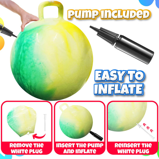 Bedwina Hopper Ball with Handle for Kids 20-inch (50cm) Bouncy Balls for Kids, Jumping Kangaroo Hippity Hop, Hopping Sit and Spin with Handle with Hand Pump, Marble Green & Yellow