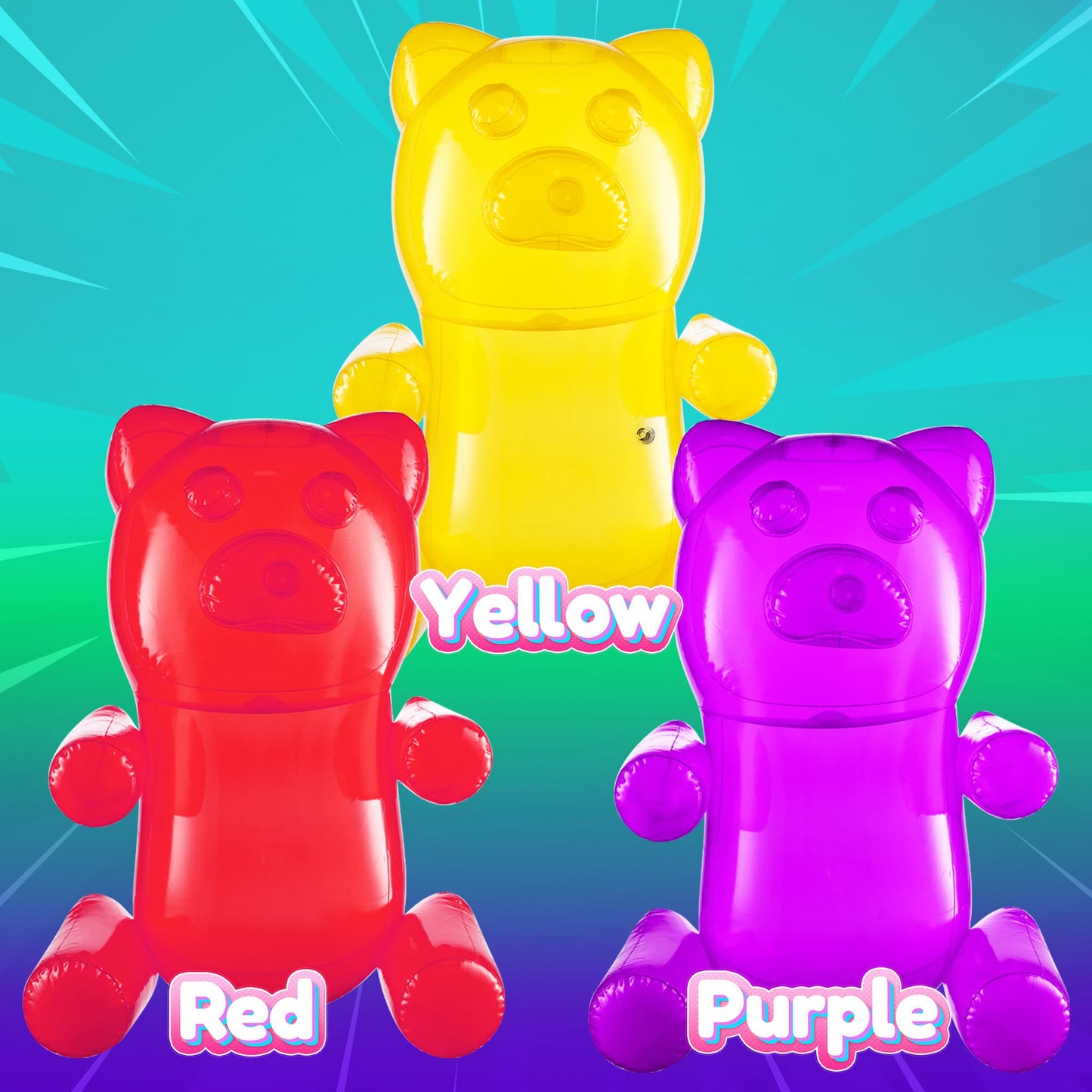 Bedwina 24" Inflatable Gummy Bears (Pack of 3) Big Huge Blow Up Gummy Bear Pool Toy Decorations, Birthday Party Supplies and Themed Candy Land Party Favors for Kids