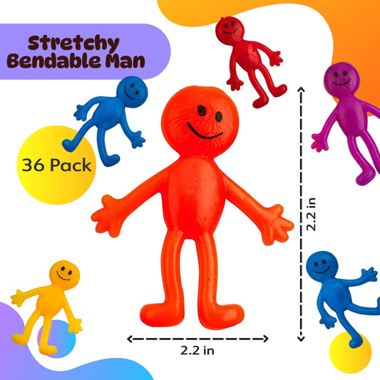 Stretchy Bendable Man (36 Pack) Assorted Fun Colors, A Sticky, Stretchable, Slimy, Gooey Texture, Toy for Stress Anxiety Relief, Great Party Favor, Stocking Stuffer