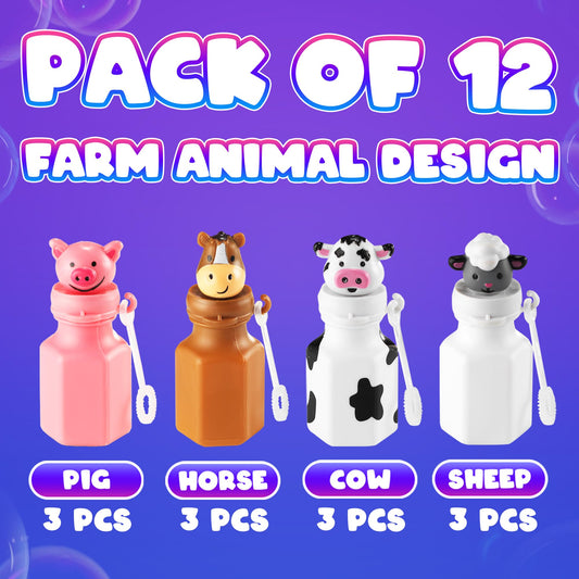 Mini Farm Animal Bubble Wands Toy Gifts for Kids - (Pack of 12) 3-Inch Barnyard Bubble Bottles, Assorted Animals for Giveaways, Prizes, Birthday Party Favors for Kids, Baby Showers, Goody Bag Toys