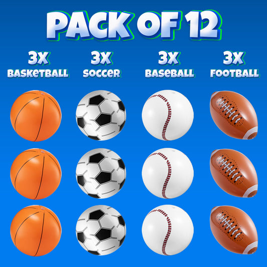16" Inflatable Sports Beach Balls Variety Pack (12 Pcs) - 3 of Each - Basketball, Baseball, Football, Soccer Beach Balls for Sports - Themed Parties, Pool Toys, Birthday Decorations, and Party Favors