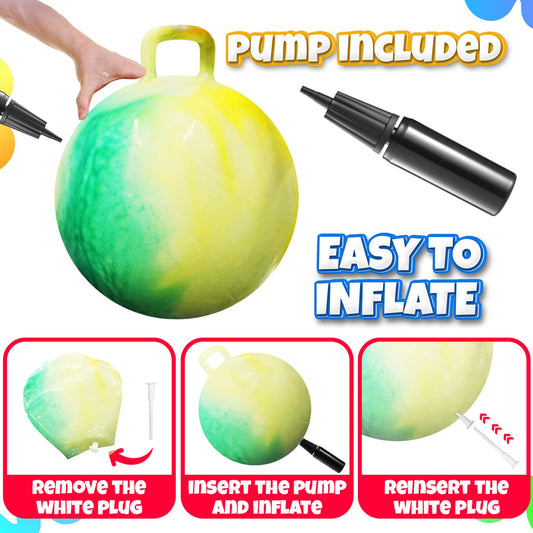 Bedwina Hopper Ball with Handle for Kids 18-inch (45cm) Bouncy Balls for Kids, Jumping Kangaroo Hippity Hop, Hopping Sit and Spin with Handle with Hand Pump, Marble Green & Yellow