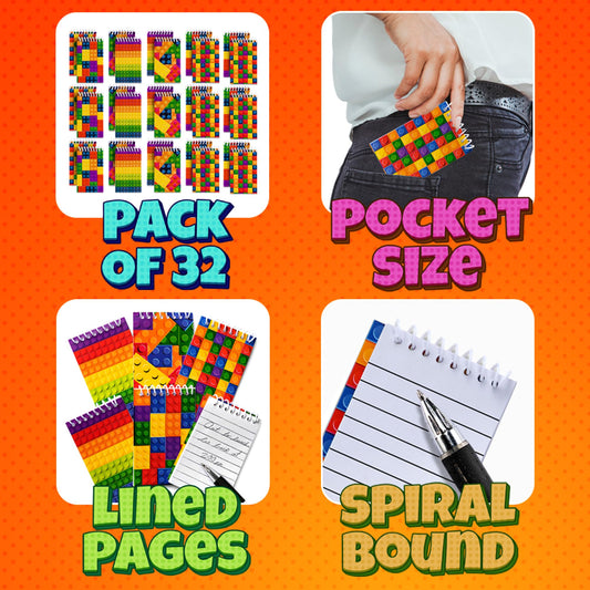 Bedwina Mini Building Block Notebooks (Bulk of 32) Spiral Notepads In Assorted Brick Styles, In Kids Pocket Size, For Birthday Party Favors, Goodie Bag Stuffers, Children Classroom Rewards