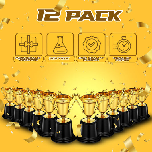 Gold Trophy Award Cups - Pack Of 12 Bulk 5 Inch Plastic Gold Mini Trophies For Party Favors, Props, Rewards, Trophy Cup Competitions Winning Prizes For Kids Choice Awards And Trophies And Adults