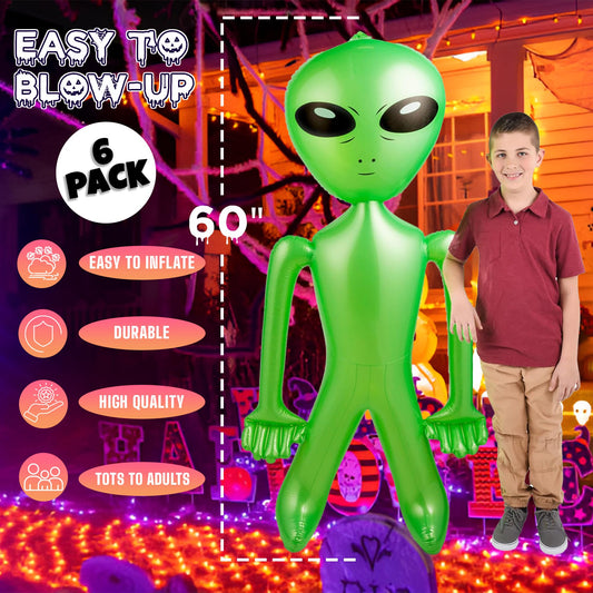 60 Inch (5 Feet) Giant Alien Inflatable - Pack of 6 - Jumbo Green Alien, for Game Prize, Alien Halloween Decorations Theme Party Favors Photo Prep & Decorations