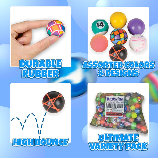 Bedwina Bouncy Balls in Bulk - Pack of 250 (1inch/27mm) Hi Bounce Variety Assortment Mix, Colorful and Small Rubber Bouncing Balls, Party Favors for Kids, Treasure Box Prizes and Goodie Bags