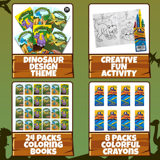 Mini Dinosaur Coloring Books For Kids - 24 Pcs Cute Coloring Book with 8 Packs Crayons Dinosaur Party Favors Coloring Book, Great For Dinosaur Birthday Party Favors Kids Activity Book Travel Activity