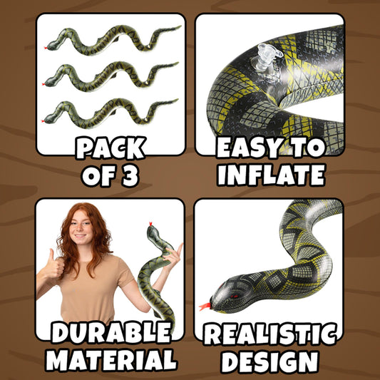 Inflatable Snakes (3 Pack) - 39 Inch Blow Up Fake Snake Decorations for Pool Toys, Jungle Party, Safari Theme, Halloween Props & Fun Kids Party Supplies