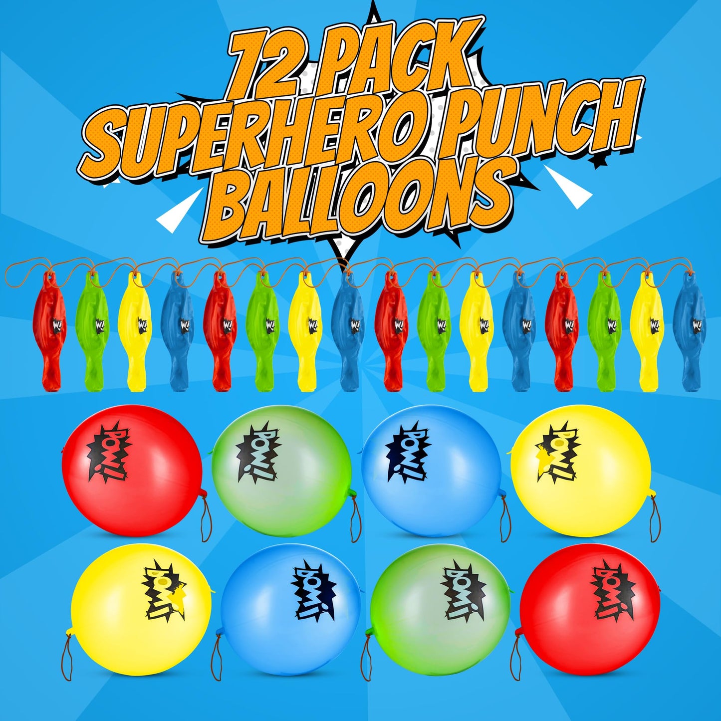 Superhero Punch Balloons - Pack of 72 Bulk, Large Punching Balloons for Kids, Inflatable Punch Balls for Carnival Prizes, Goodie Bag Stuffers for Kids, Superhero Theme Birthday Party Favors Toys