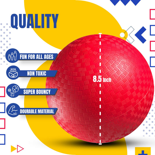 4-Pack Playground Balls Bulk - 8.5 Inch Red Rubber Kickball Bouncy Inflatable Balls for Kids & Adults w/Hand Pump, Indoor & Outdoor Games, Kickballs, Dodgeball, Four Square, and More