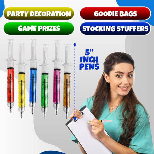 Bedwina Syringe Pens - (Bulk Pack of 24) Retractable Fun Multi Color Novelty Pen for Nurses, Nursing Student School Supplies, Birthdays, Stocking Stuffers and Toy Party Favor Gifts