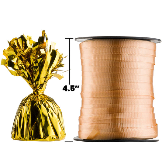 5.5" Gold Balloon Weights Pack of 12 - Metallic Balloon Holder Table Weight with Gold Curling Ribbon Roll (500-Yards) Heavy Foil Wrapped Anchors for DIY Décor, Centerpiece, Birthday Party Decorations