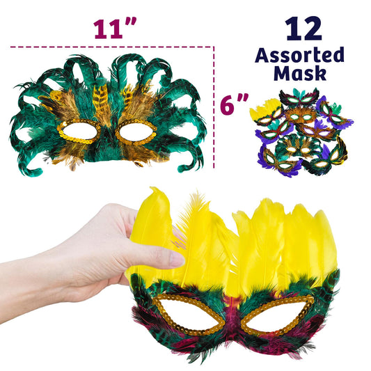 Bedwina Mardi Gras Masks - (Pack of 12) Bulk Carnival Masquerade Mask Costume Party Supplies, Feather Mardi Gras Decorations for Women, Men and Kids