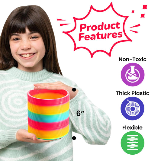 Bedwina Jumbo Rainbow Spring Coil Toy - 6" Plastic Giant Spring Coil for Kids, Big Spring Toys for Boys and Girls, Neon Colorful Rainbow Coil Spring for Party Favor Prizes and Kids Birthday Gifts