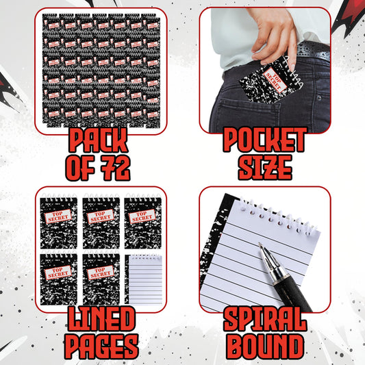 Bedwina Top Secret Mini Notebooks for Kids Party Favors - (Pack of 72) Spiral Small Notebook Pads for Murder Mystery Party Decor, Secret Agent Spy or Crime Detective Themed Parties, Goody Bag Notepads