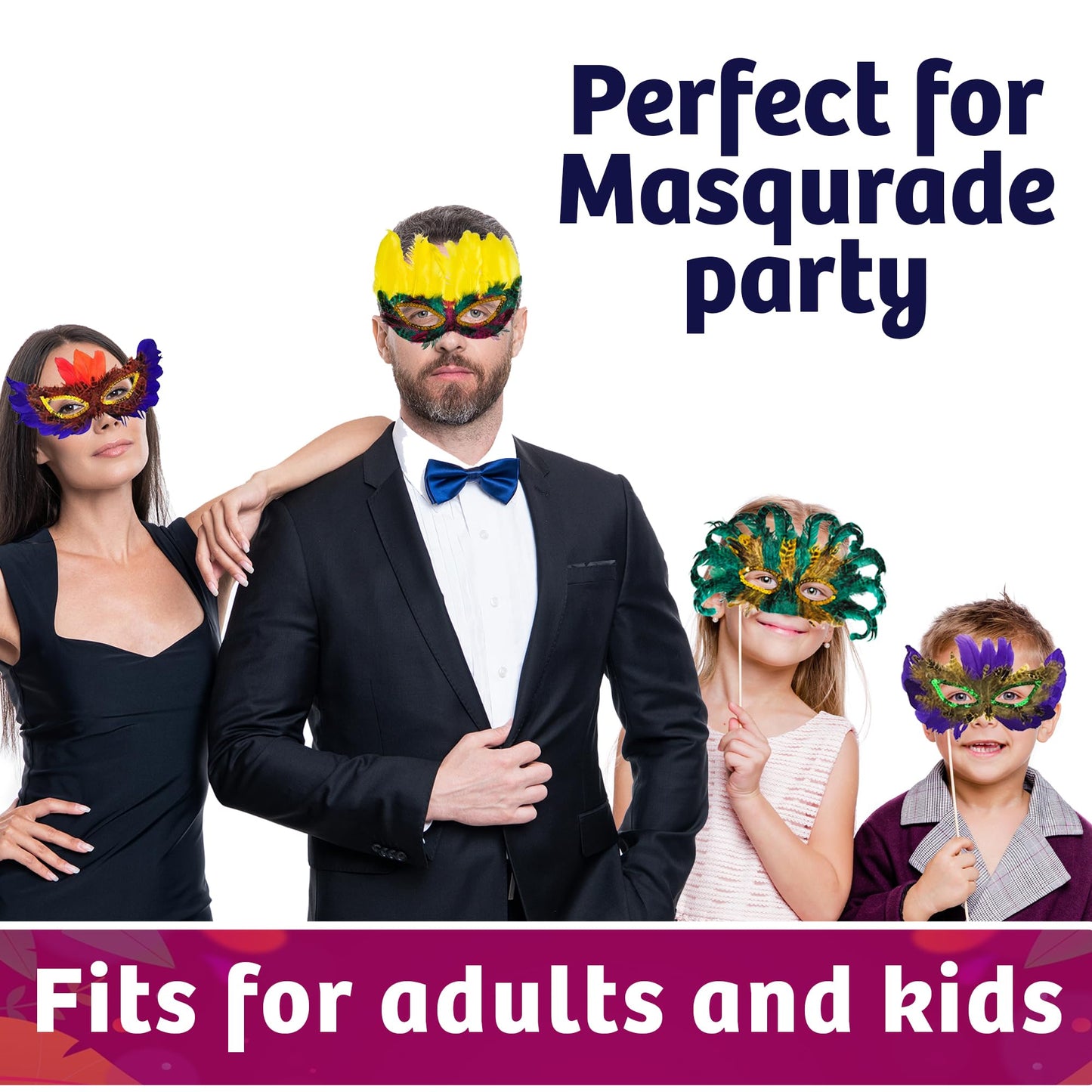 Bedwina Mardi Gras Masks - (Pack of 50) Bulk Carnival Masquerade Mask Costume Party Supplies, Feather Mardi Gras Decorations for Women, Men and Kids
