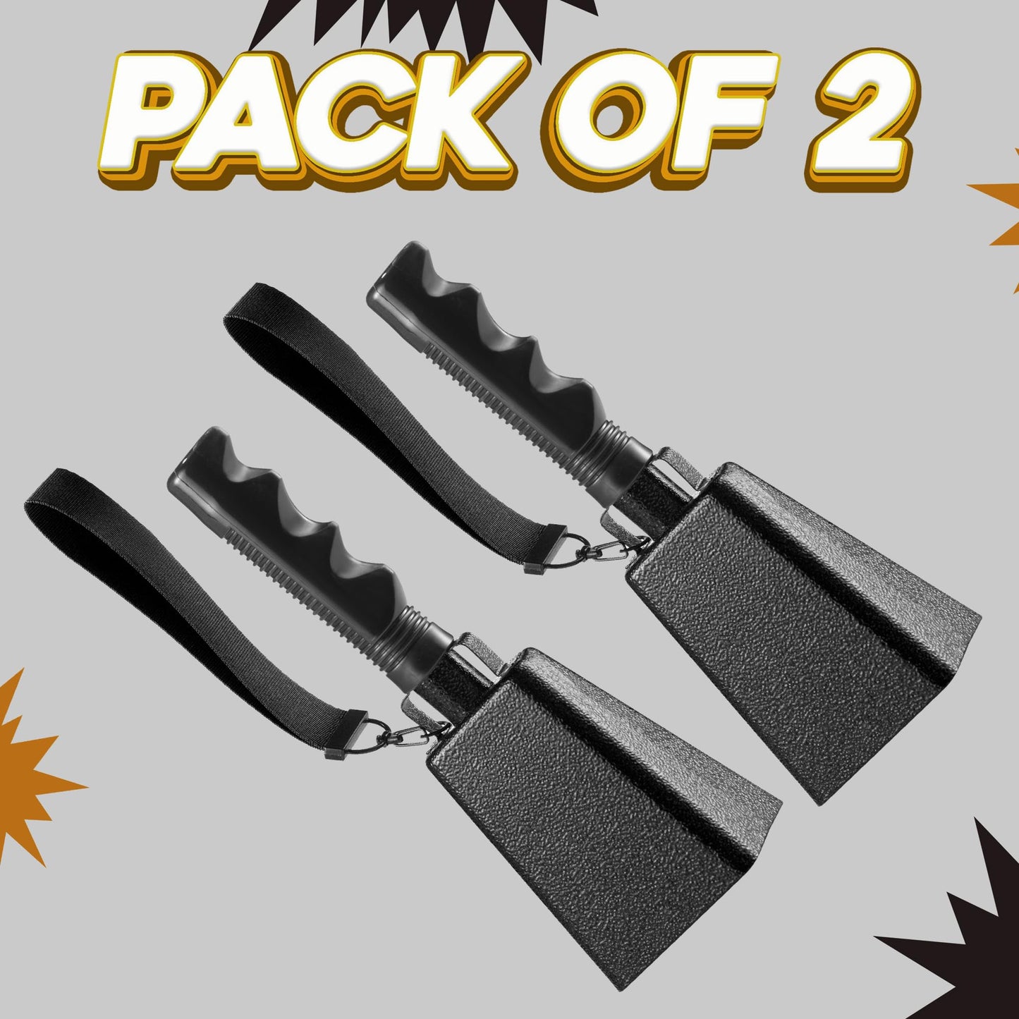9" Metal Cowbells with Handle - (2 Pack) Cow Bells Loud Cheering Noise Makers for Sporting Events, Football Games, School Spirit, Rallies & Celebrations - Black Steel Percussion Music Instrument