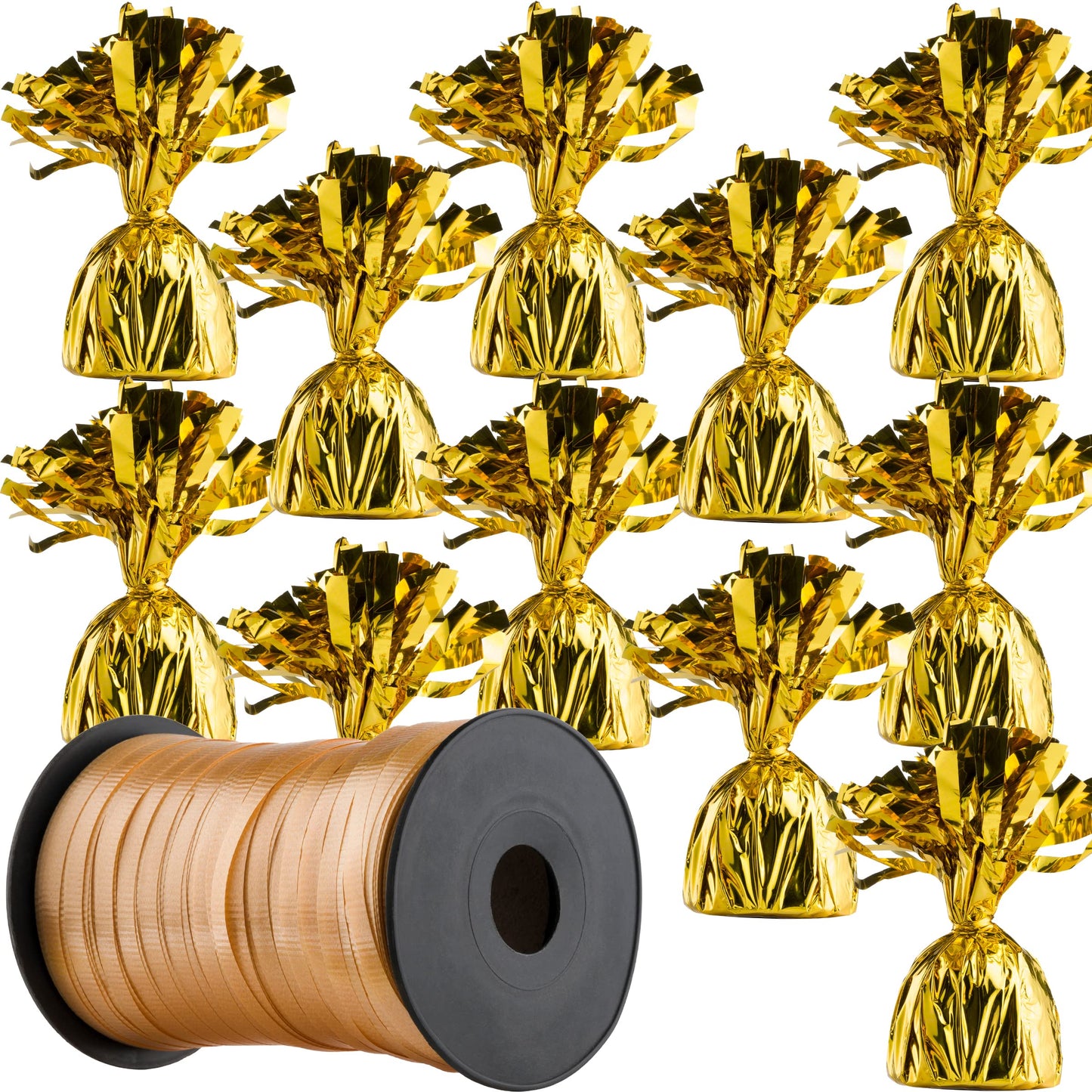 5.5" Gold Balloon Weights Pack of 12 - Metallic Balloon Holder Table Weight with Gold Curling Ribbon Roll (500-Yards) Heavy Foil Wrapped Anchors for DIY Décor, Centerpiece, Birthday Party Decorations