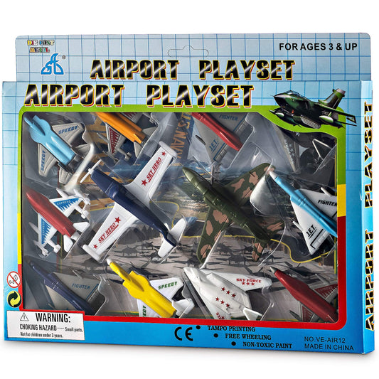 Bedwina Airplane Toys - 12 Pack Vehicle Aircraft Plane Playset, Includes Styles of Bomber, Military, F-16 Fighter Jets, for Birthday Party Favor Toys, for Kids Boys and Girls (Styles May Very)