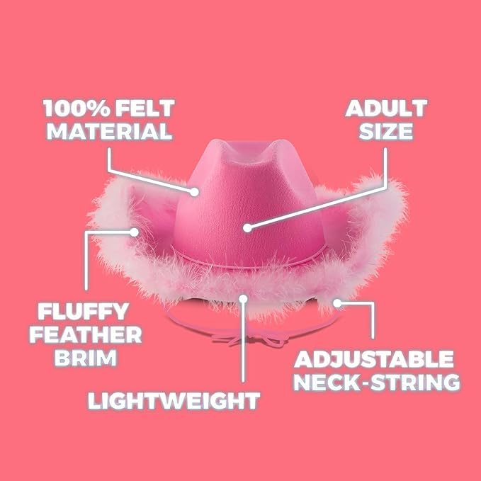 Bedwina (24-Pack) Pink Cowgirl Hat w/Feather Boa - Cowboy Hat for Women, Teenage Girls with Fluffy Feather Brim for Bachelorette, Theme Costume Party, Role-Playing Dress-Up, Adult