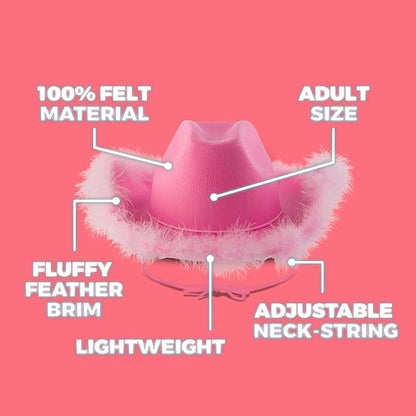 Bedwina (24-Pack) Pink Cowgirl Hat w/Feather Boa - Cowboy Hat for Women, Teenage Girls with Fluffy Feather Brim for Bachelorette, Theme Costume Party, Role-Playing Dress-Up, Adult