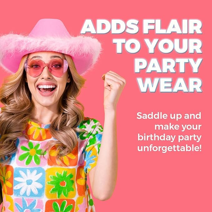 Bedwina (24-Pack) Pink Cowgirl Hat w/Feather Boa - Cowboy Hat for Women, Teenage Girls with Fluffy Feather Brim for Bachelorette, Theme Costume Party, Role-Playing Dress-Up, Adult