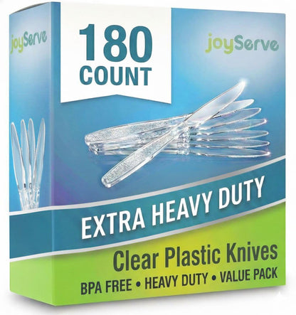 JoyServe Clear Plastic Knives Heavy Duty, Heat Resistant Party Utensils BPA-Free Heavy Duty Plastic Knives Disposable Silverware Cutlery, Catering Dinner Party Supplies - Bulk Knife Pack 180