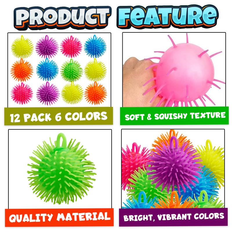 Bedwina Puffer Balls (Pack of 12) - Squishy Balls for Kids Neon Party Favors Sensory, Stress Relief Squishy & Therapy Toys for Kids, Boys & Girls Goodie Bag Stuffers, Prizes and Party Supplies