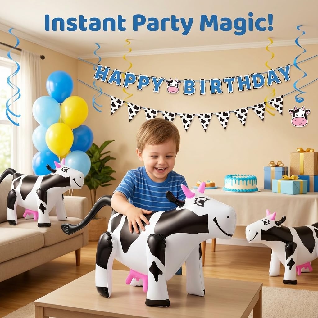 Inflatable Cows (Pack of 4) 17-Inch Cows, Fun Blow Up Animal Farm Party Decorations, Rodeo Decor, Pool Toy Floats for Kids Birthday Party Supplies by Bedwina