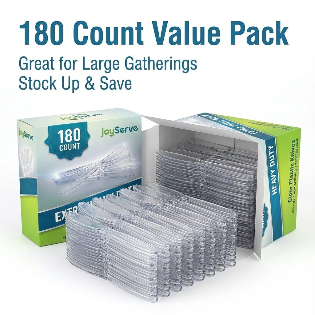 JoyServe Clear Plastic Knives Heavy Duty, Heat Resistant Party Utensils BPA-Free Heavy Duty Plastic Knives Disposable Silverware Cutlery, Catering Dinner Party Supplies - Bulk Knife Pack 180