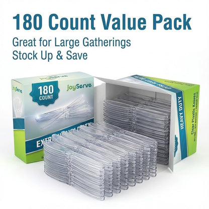 JoyServe Clear Plastic Knives Heavy Duty, Heat Resistant Party Utensils BPA-Free Heavy Duty Plastic Knives Disposable Silverware Cutlery, Catering Dinner Party Supplies - Bulk Knife Pack 180