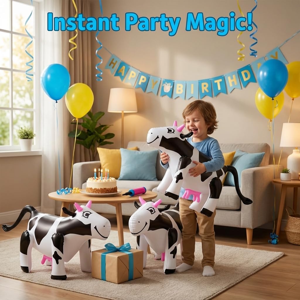 Inflatable Cows (Pack of 4) 17-Inch Cows, Fun Blow Up Animal Farm Party Decorations, Rodeo Decor, Pool Toy Floats for Kids Birthday Party Supplies by Bedwina