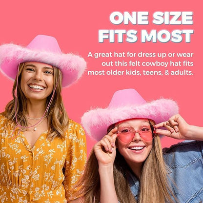 Bedwina (24-Pack) Pink Cowgirl Hat w/Feather Boa - Cowboy Hat for Women, Teenage Girls with Fluffy Feather Brim for Bachelorette, Theme Costume Party, Role-Playing Dress-Up, Adult