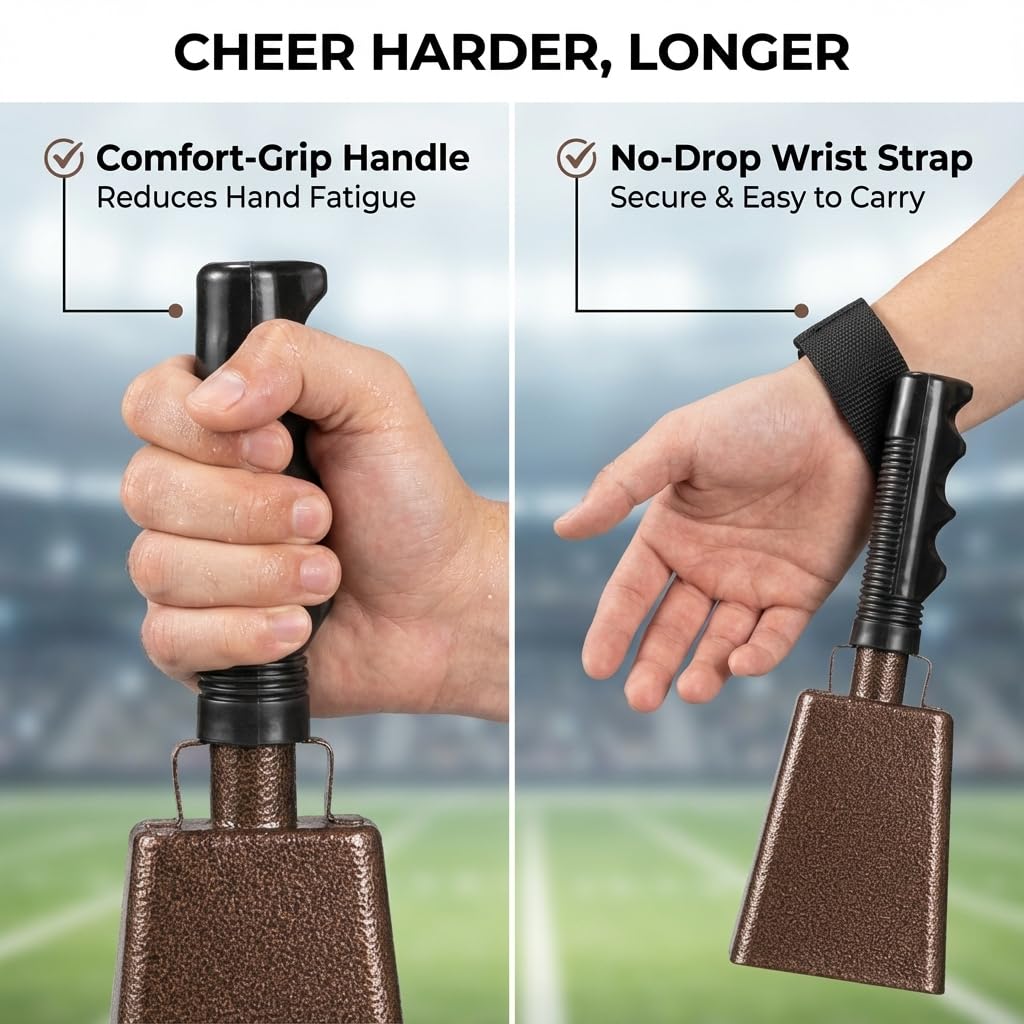 Steel Cow Bell Loud Cheering Noise Makers for Sporting Events, Cowbell with Handle For Football Games, School Spirit, Rallies & Celebrations - Large Cow Bells Copper Matel Percussion Music Instrument
