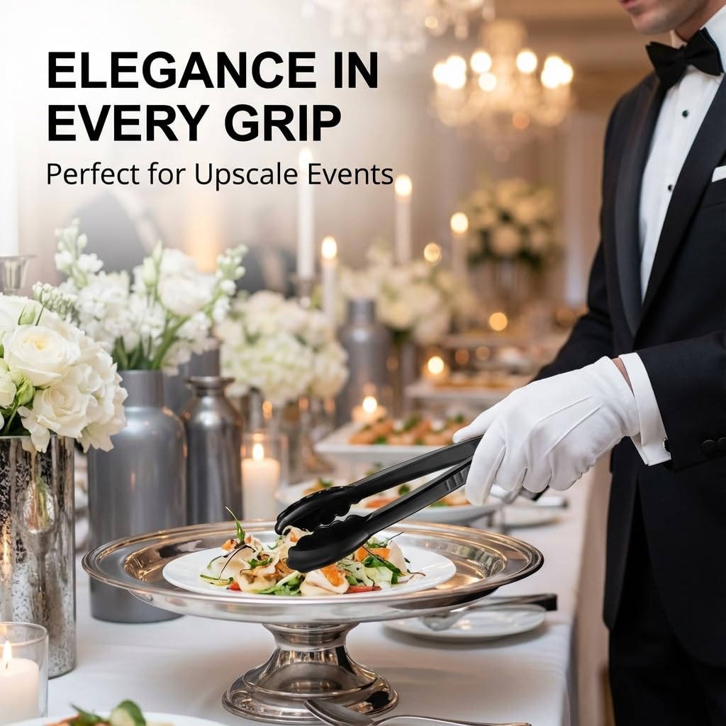 Plastic Tongs for Serving (Pack of 6) 9 Inch - Heavy-Duty Hard Plastic Reusable or Disposable Serving Tongs for Catering, Dinner Parties, Banquets, Buffets, Events, Weddings and Everyday Use, Black