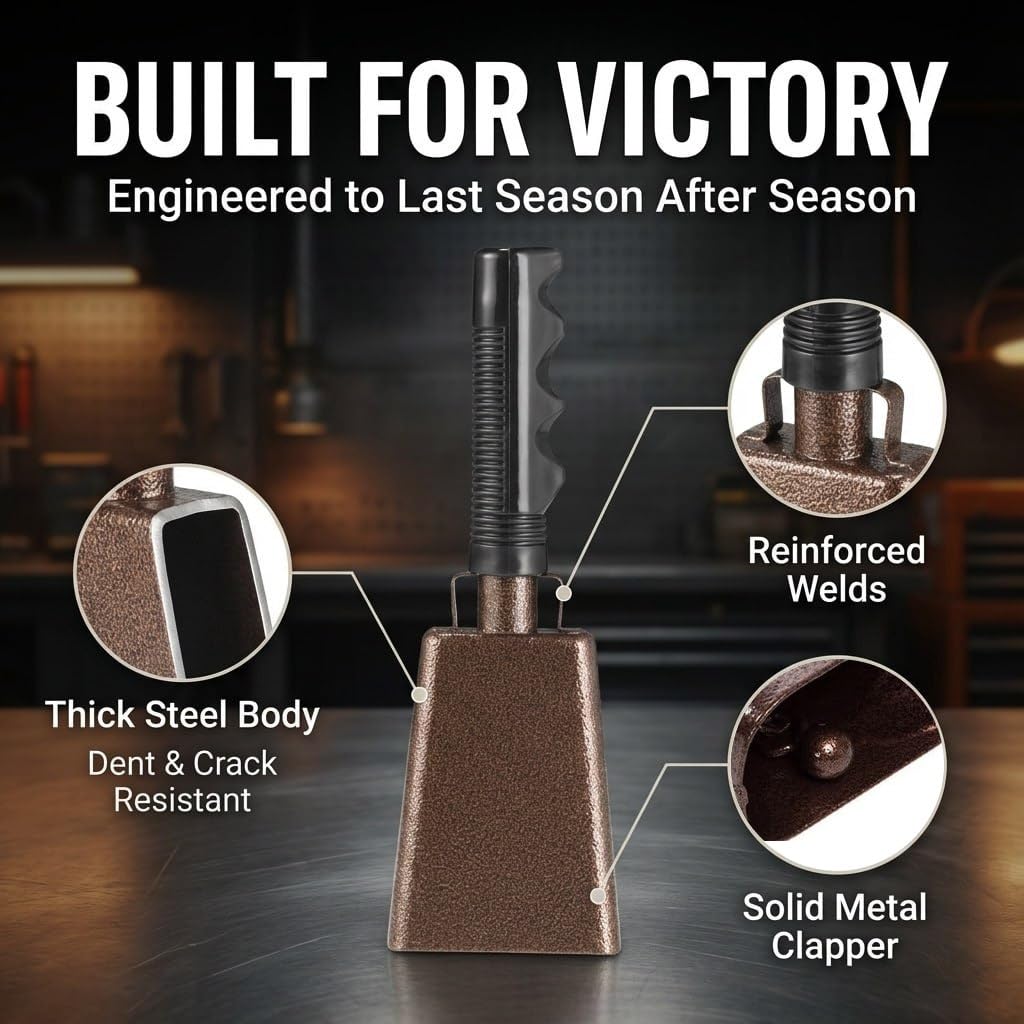 Steel Cow Bell Loud Cheering Noise Makers for Sporting Events, Cowbell with Handle For Football Games, School Spirit, Rallies & Celebrations - Large Cow Bells Copper Matel Percussion Music Instrument
