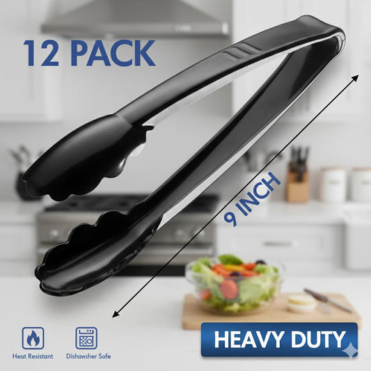 Plastic Tongs for Serving (Pack of 12) 9 Inch - Heavy-Duty Hard Plastic Reusable or Disposable Serving Tongs for Catering, Dinner Parties, Banquets, Buffets, Events, Weddings and Everyday Use, Black