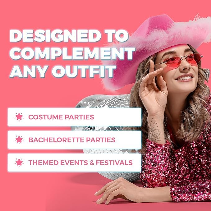 Bedwina (24-Pack) Pink Cowgirl Hat w/Feather Boa - Cowboy Hat for Women, Teenage Girls with Fluffy Feather Brim for Bachelorette, Theme Costume Party, Role-Playing Dress-Up, Adult