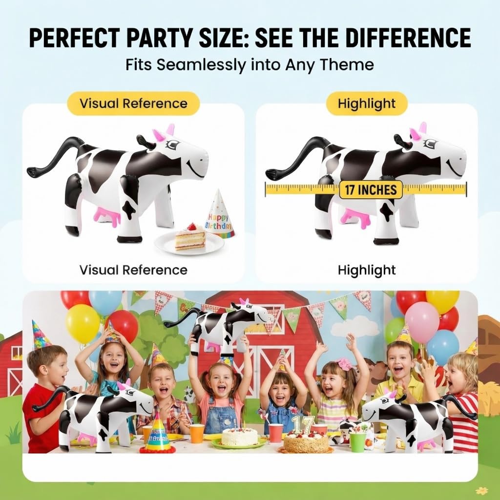 Inflatable Cows (Pack of 4) 17-Inch Cows, Fun Blow Up Animal Farm Party Decorations, Rodeo Decor, Pool Toy Floats for Kids Birthday Party Supplies by Bedwina