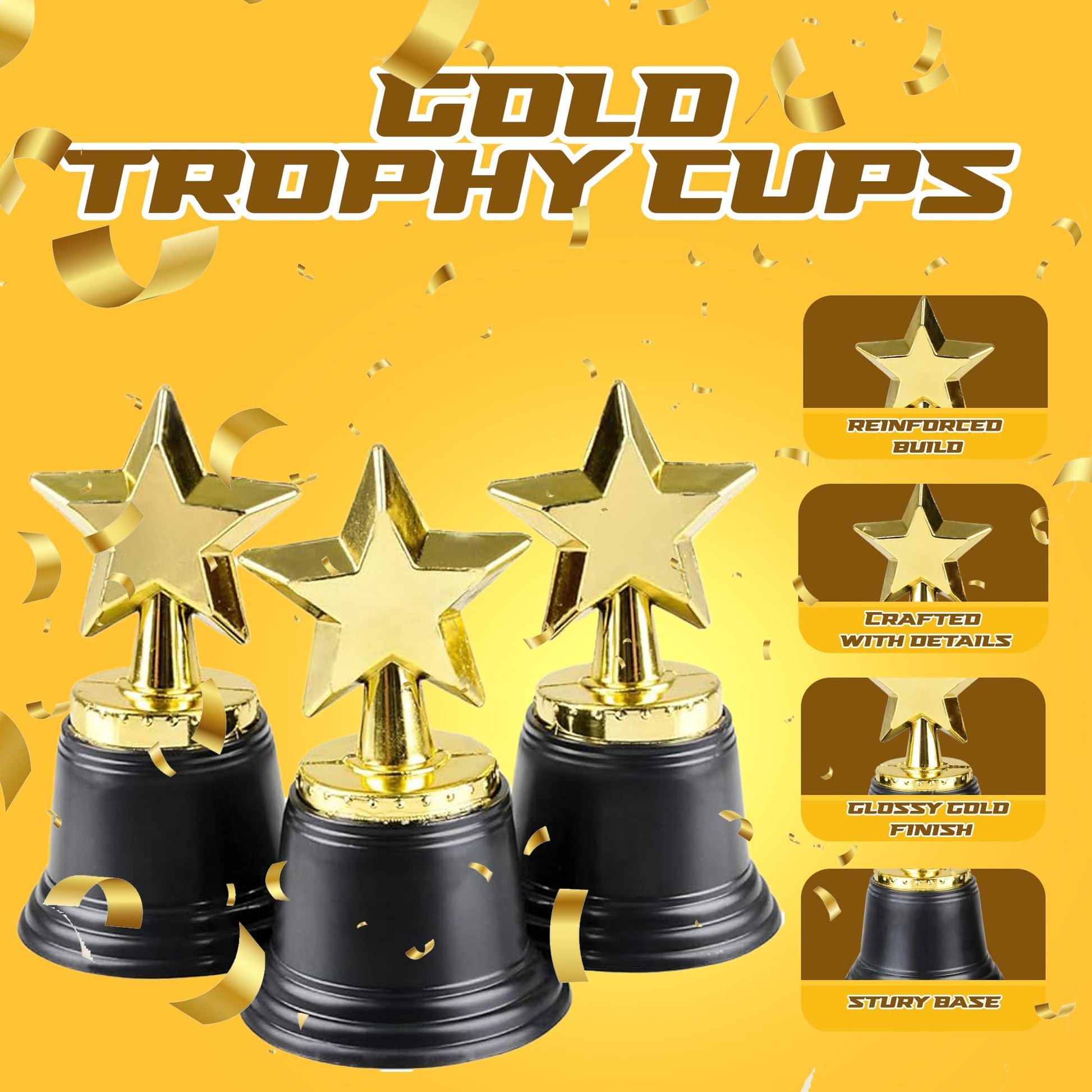 Bedwina Star Trophy Award - (Pack of 12) Bulk - 4.5 Inch Gold Trophies for Kids Awards, Choice Prizes for Adults, Winner Competitions, Sports Events, Party Decorations, Teachers and Party Favors