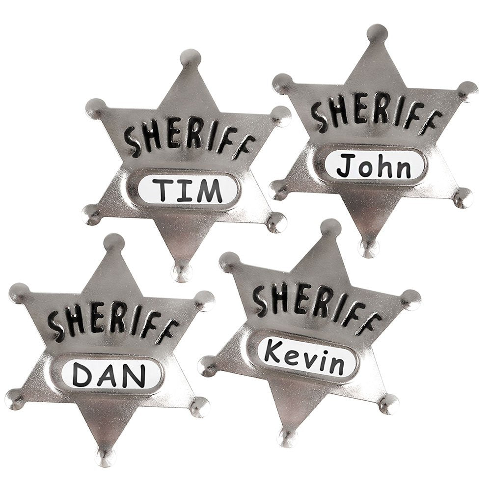 Bedwina Metal Sheriff Badges - (Pack of 24) Silver Star Name Badges with Stickers for Personalized Names, Western Cowboy Dress Up Deputy's Badge Toys for Kids Birthday Party Favors, Giveaways & More
